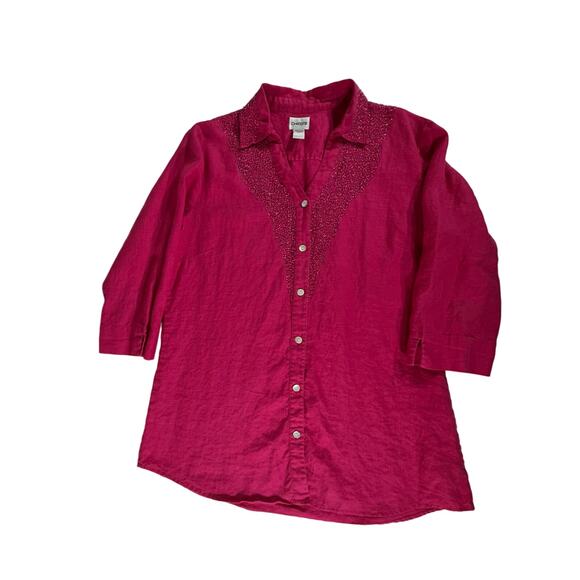 Chicos Blouse Top Size 2 or Large Pink Fuchsia 100% Linen Beaded Collar Chest - Picture 5 of 8